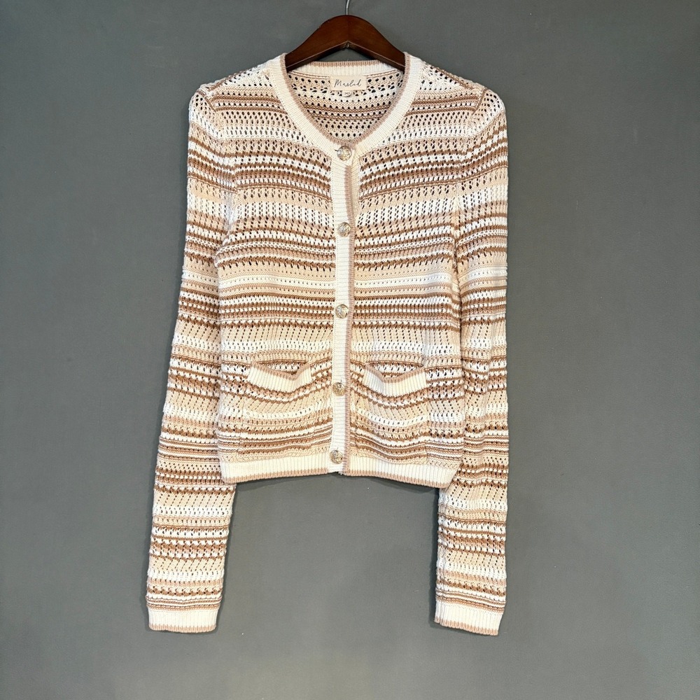 Marled White & Tan Striped Open Knit Cardigan Grannycore XS‎ Preppy